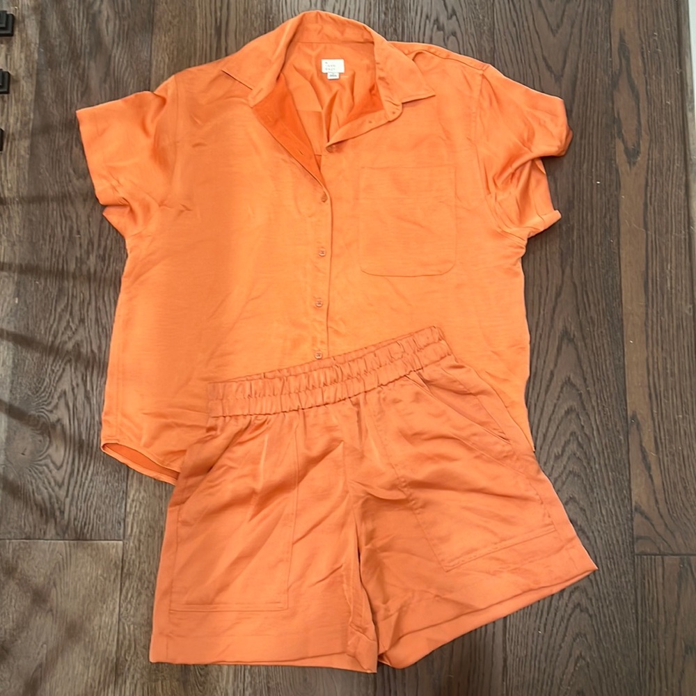 a new day Orange Short Sleeve Button Shirt & Elastic Waist Shorts Set
